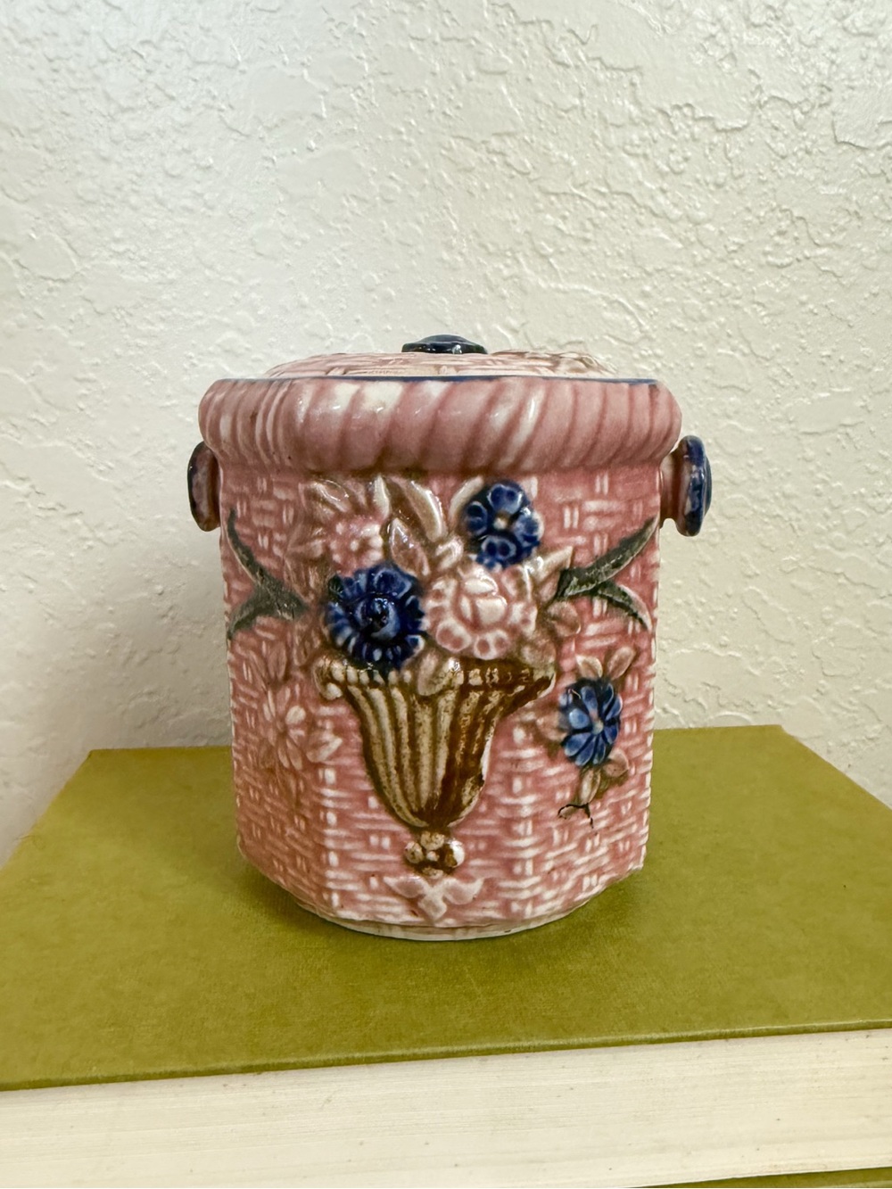 Vintage Klimax Pink Basketweave Majolica Biscuit Jar
